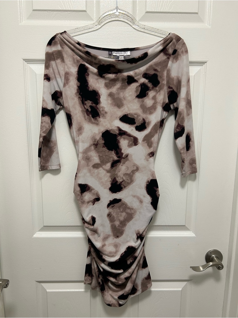 Jennifer Lopez Taupe and Black Tie-Dye Midi Dress